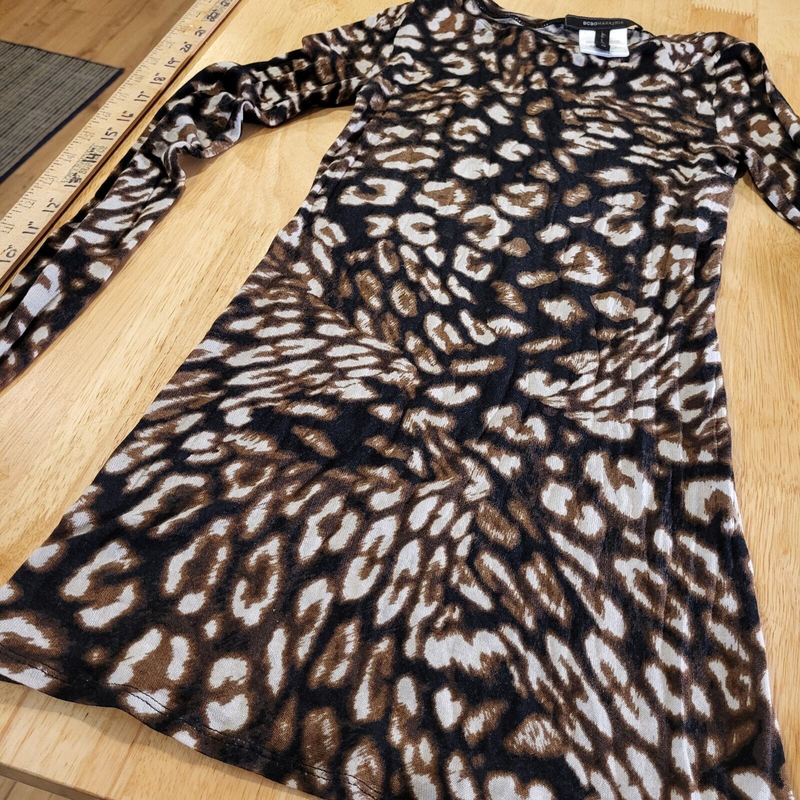 BCBGMAXAZRIA Leopard Print Sheer Long Sleeve T-Shirt XS Jersey Cotton Knit 