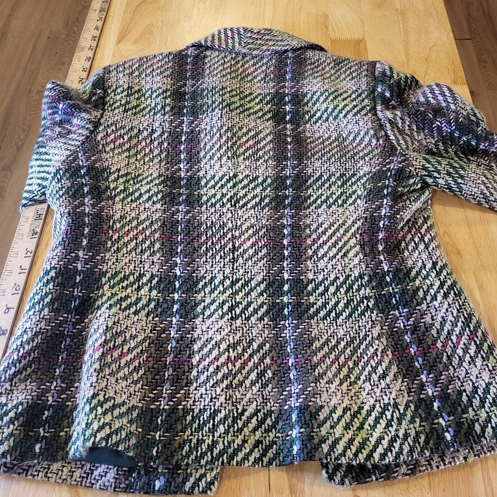 Kasper Pink & Green Short Coat Collared Size 8 Tweed Plaid Cuff 