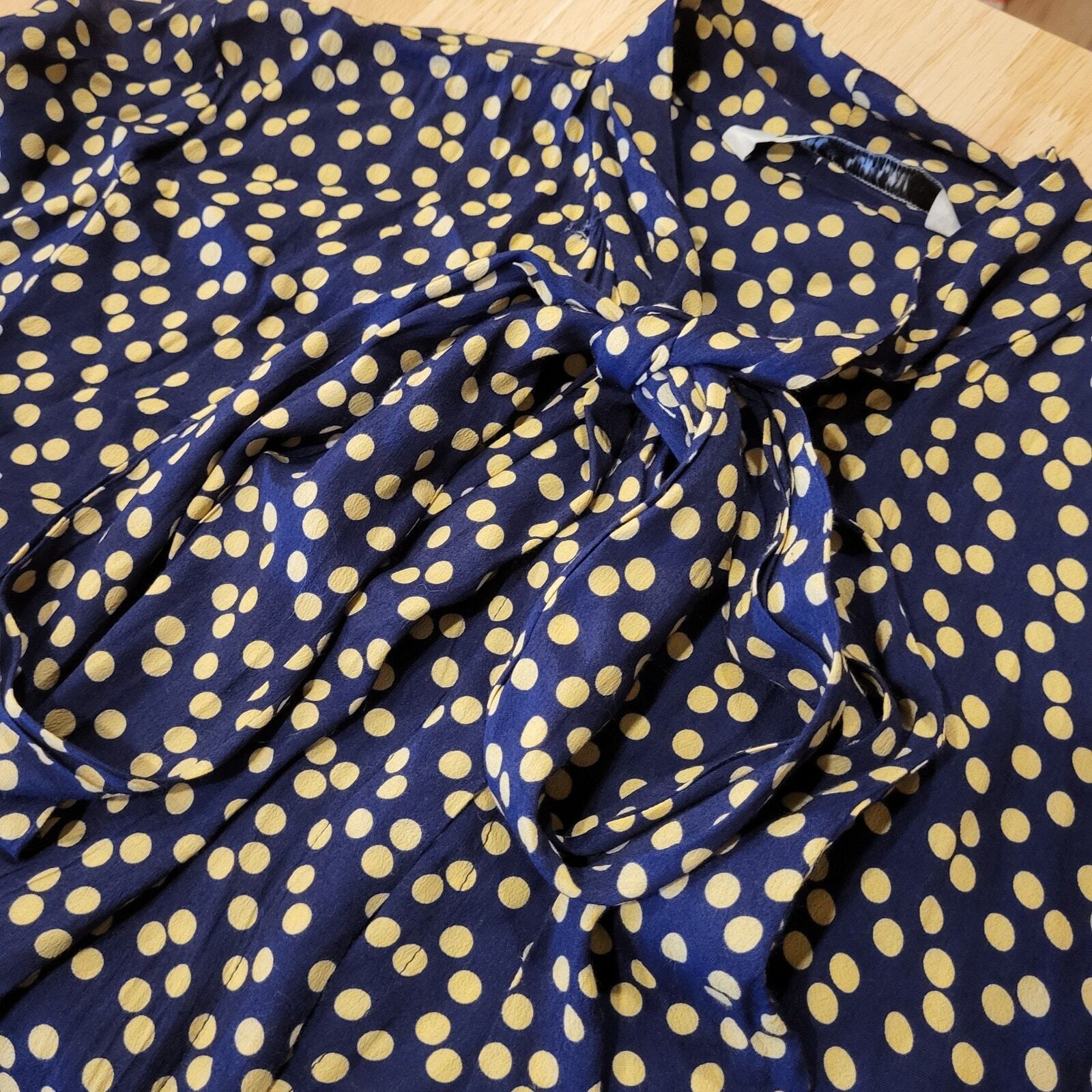 Zara Long Blue & Yellow Polka Dot Button Maxi Shirt Dress Tie Collar Large Nylon