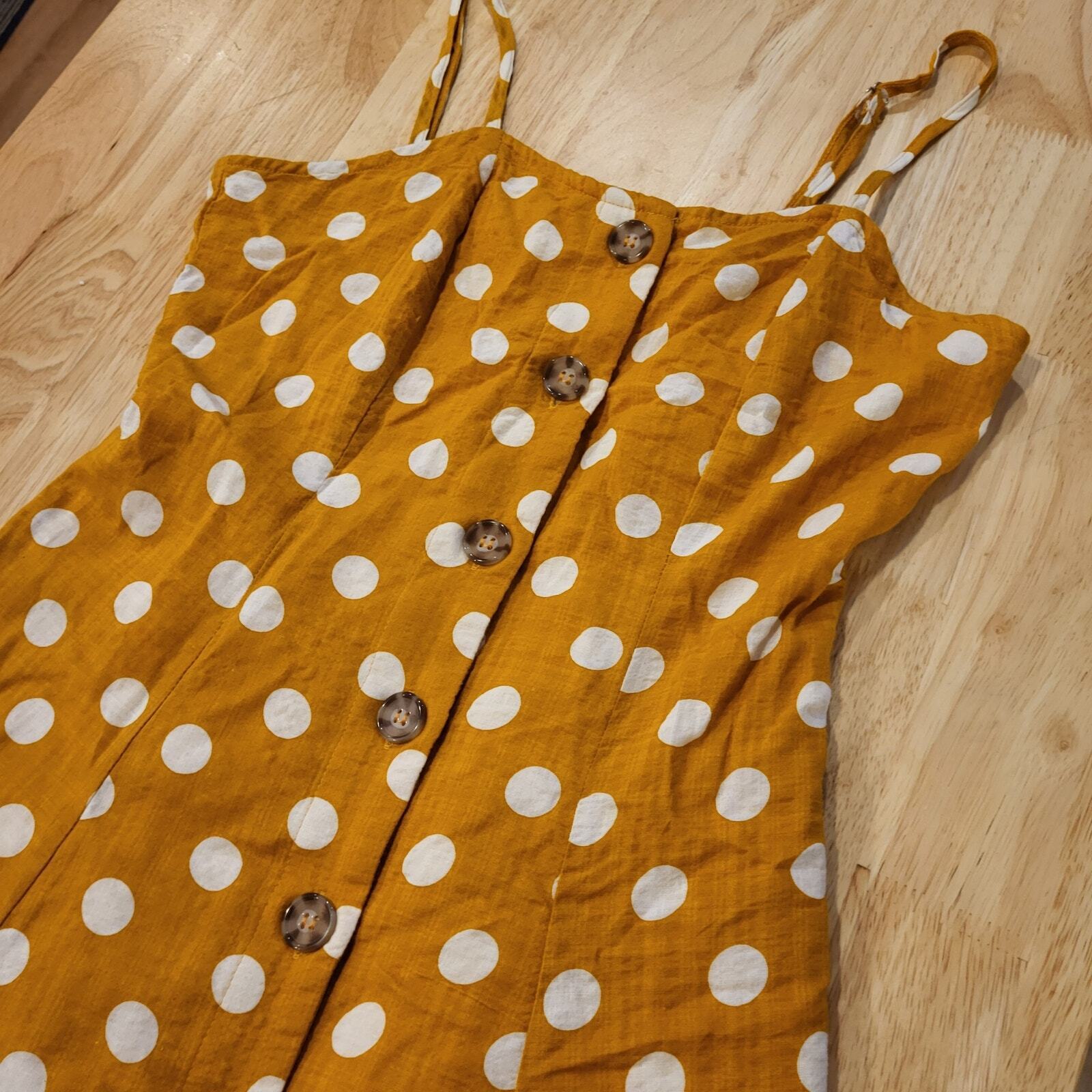 Rebellion Mustard Yellow Polka Dot Strappy Dress Small Button 16" p2p 14" Waist