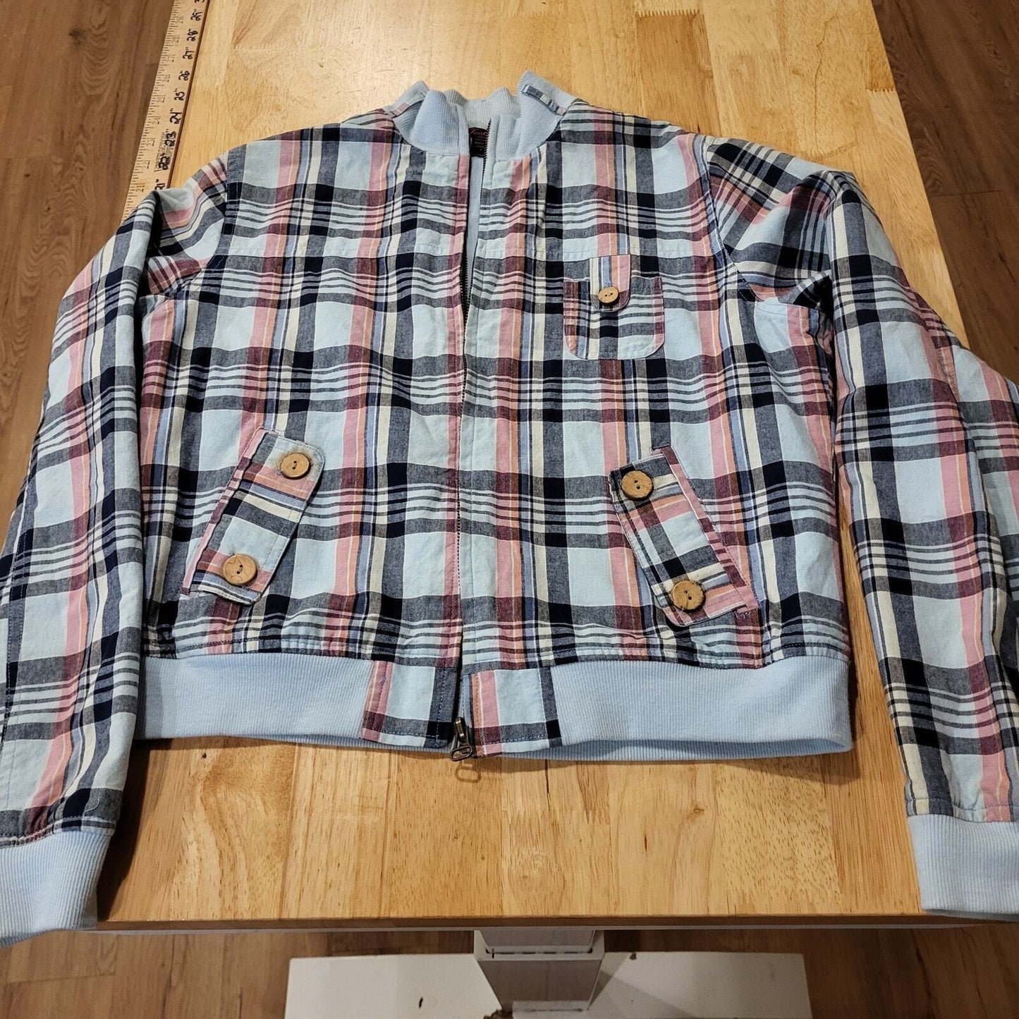 Feathers 100% Cotton 90's Plaid Blue Y2K Bomber Jacket Pockets Zipper large