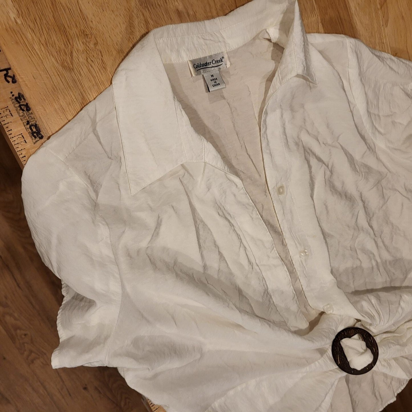 White Coldwater Creek Cotton Blend Short Sleeve Tie Front Button Down M
