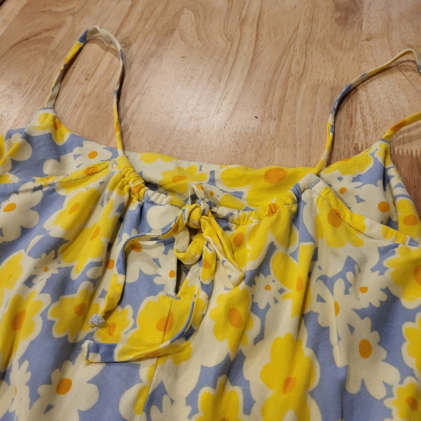 RVCA Yellow & Blue Floral Knit Spaghetti Strap Mini Dress Keyhole Opening Small