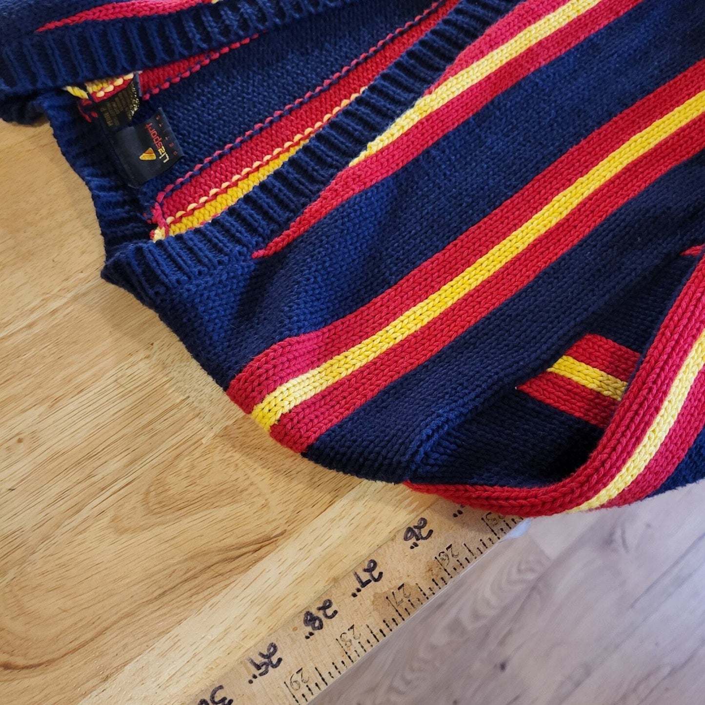 Vintage 90's Liz Claiborne Blue Cardigan Sweater Yellow & Red Stripe Preppy P