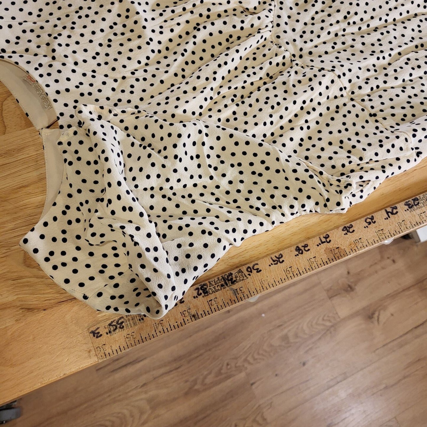 Flutter Sleeve Open Back Black & White Polka Dot Silk Rayon Blend XS 16" P2P