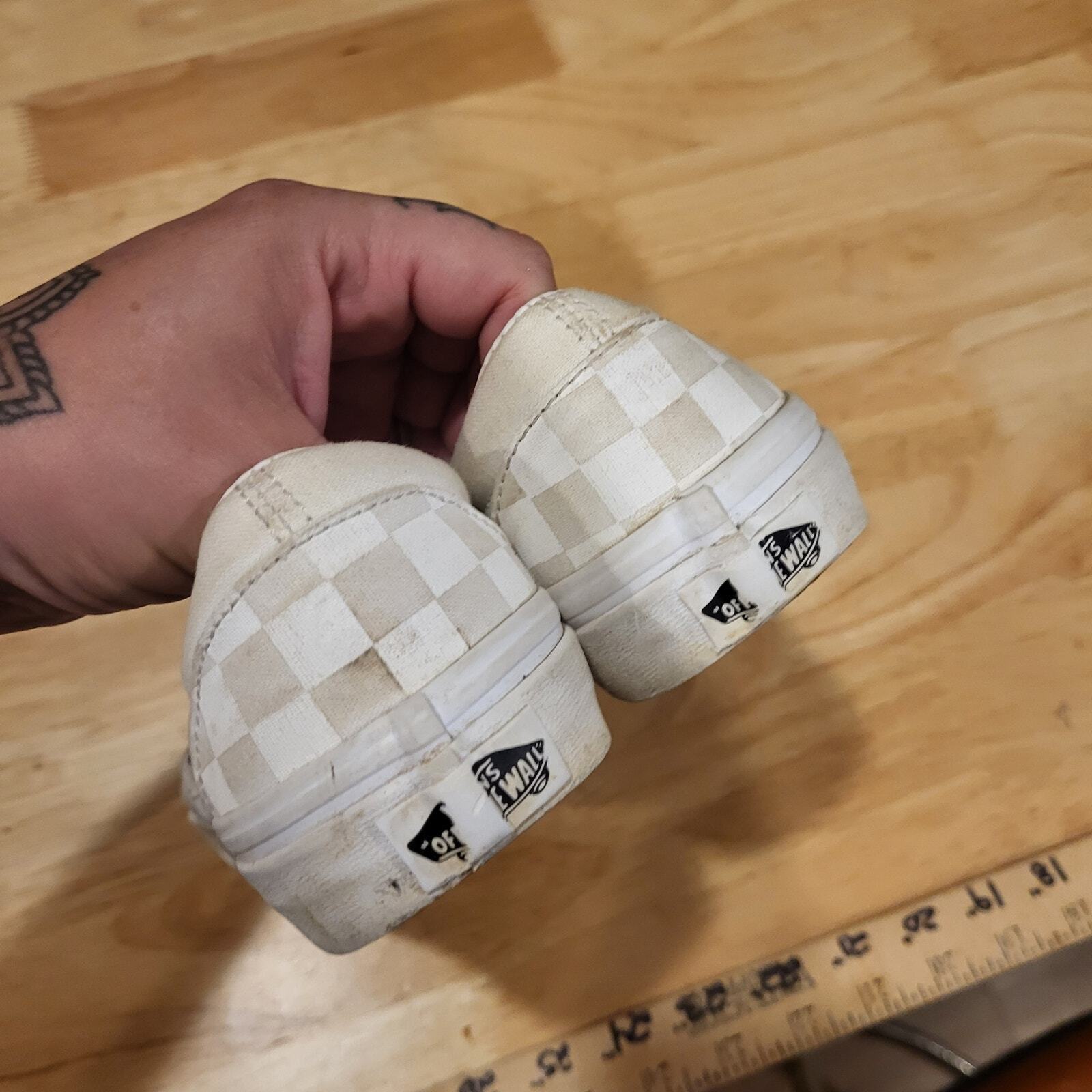 Us Women's Size 6 Vans Checkerboard Slides Beige White 9"