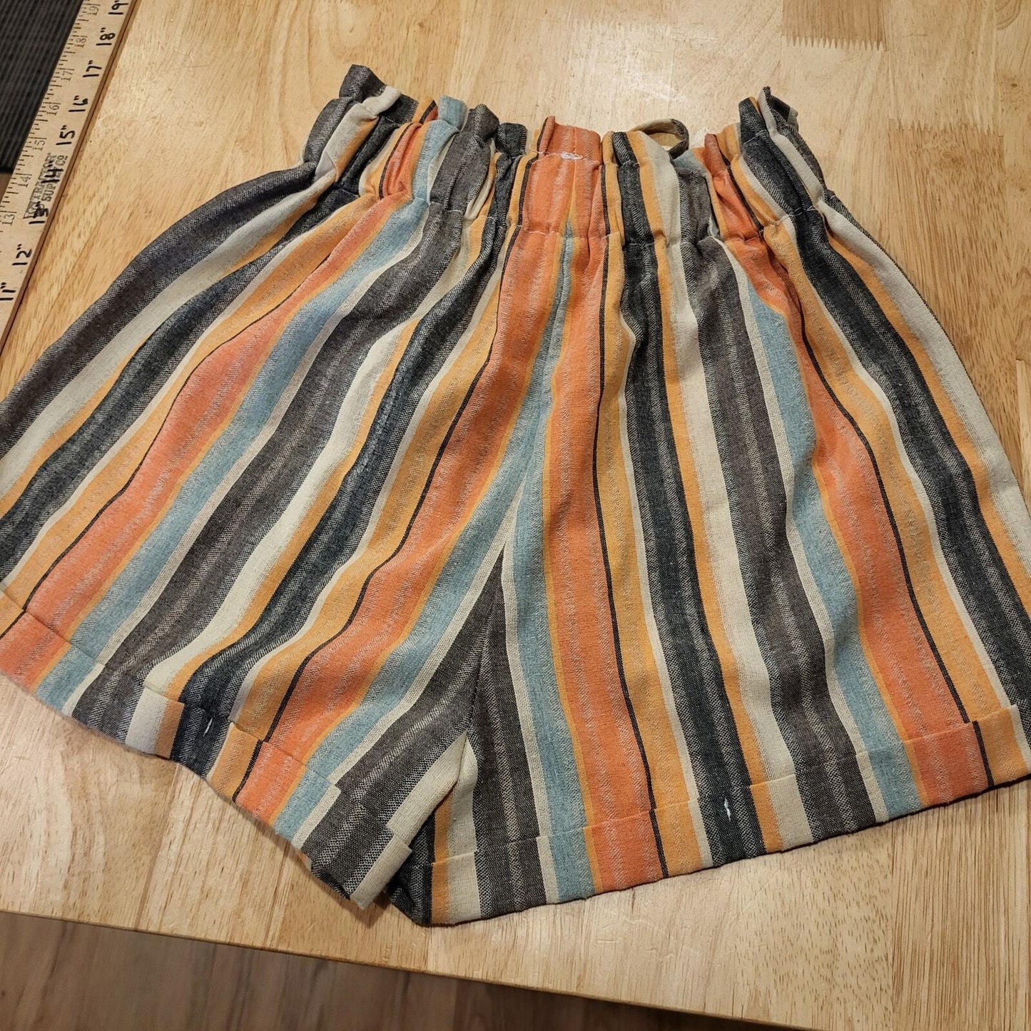 Pastel striped paper bag waist shorts woven extra small elastic stretches to 34"