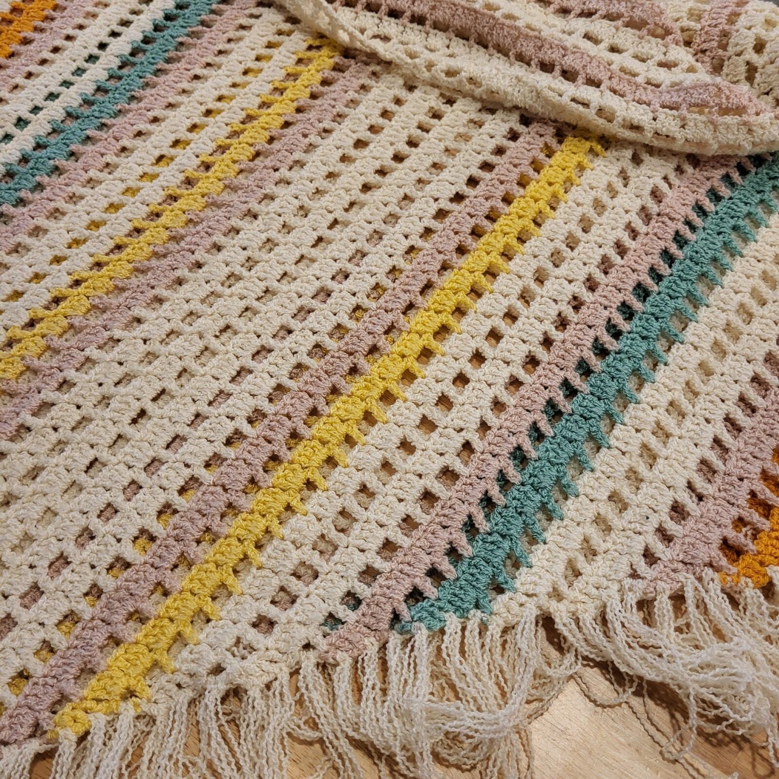 POL Pastel Rainbow Crochet Hooded Poncho Open Knit Striped Fringe Large