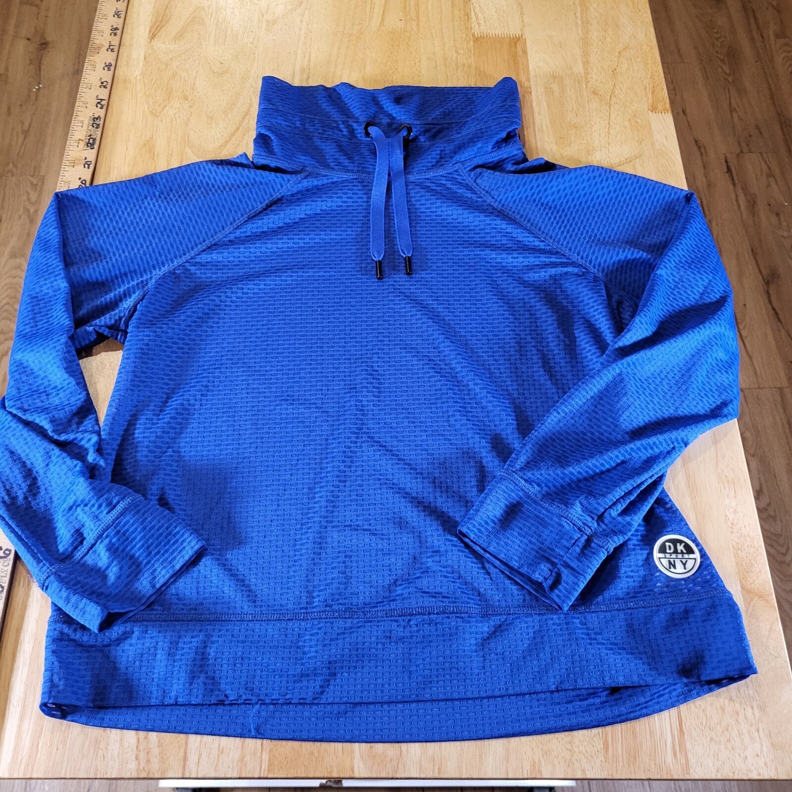 DKNY Blue Mesh Mock Neck Athletic Shirt Drawstring 20" P2P