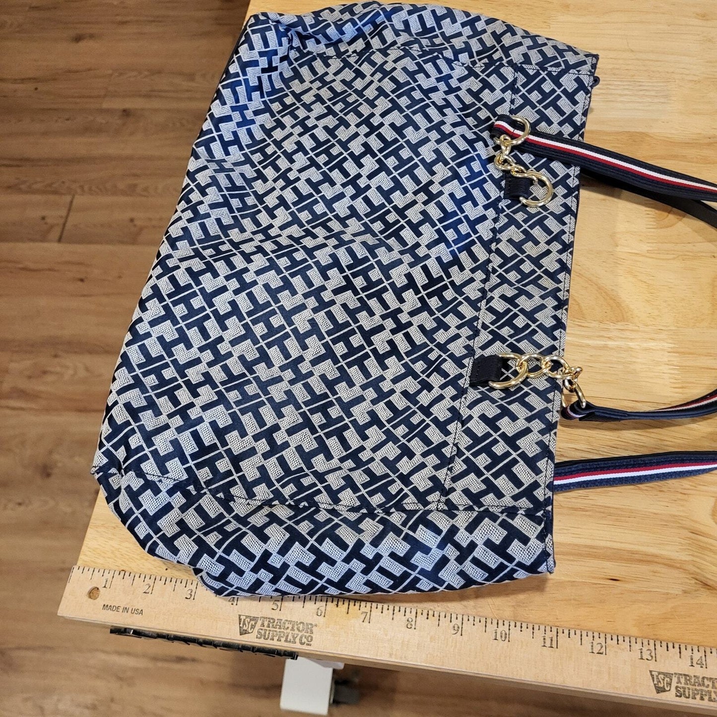 Tommy Hilfiger Signature Tote Bag  Blue White Gold 18" X 11" Shoulder Vegan