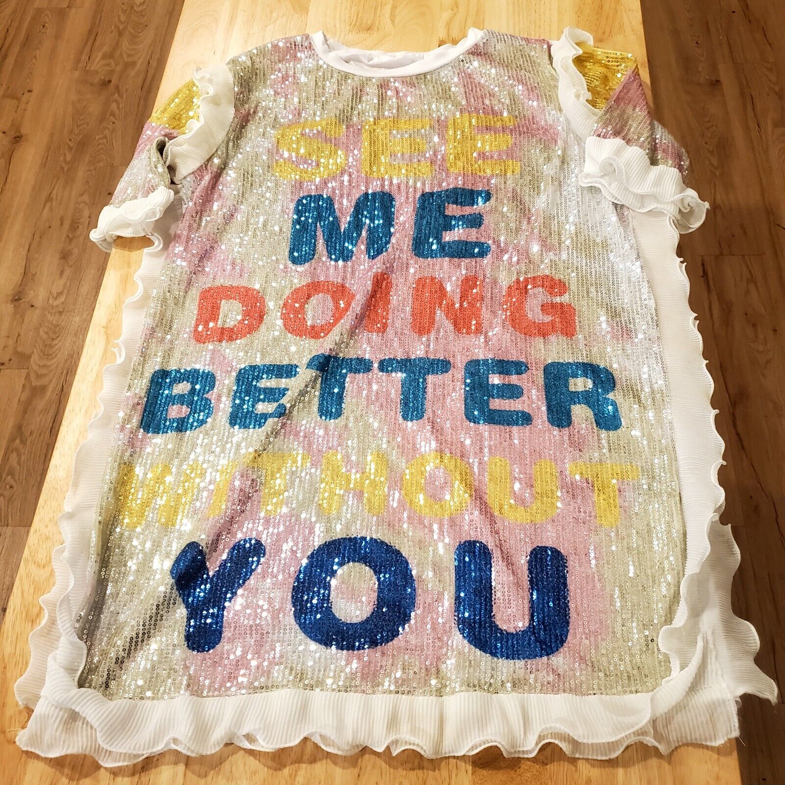 Women Sparkly Sequin T-Shirt Dress Rainbow Letter Print Half Sleeve Gauze Ruffle