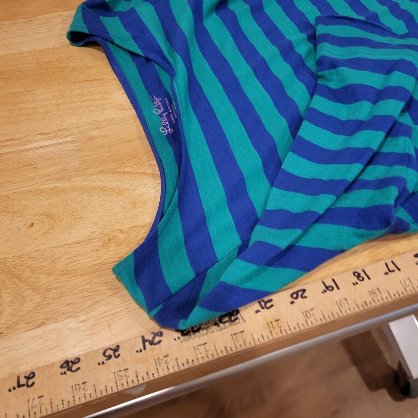 Lilly Pulitzer 3/4 Sleeve Green & Blue Striped Boat Neck T-shirt X-Small 16" p2p