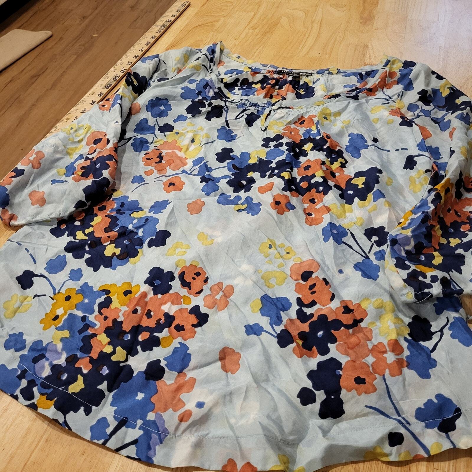 Lucky Brand 100% Silk XS Blue Floral Long Sleeve Boat Neck Blouse 
