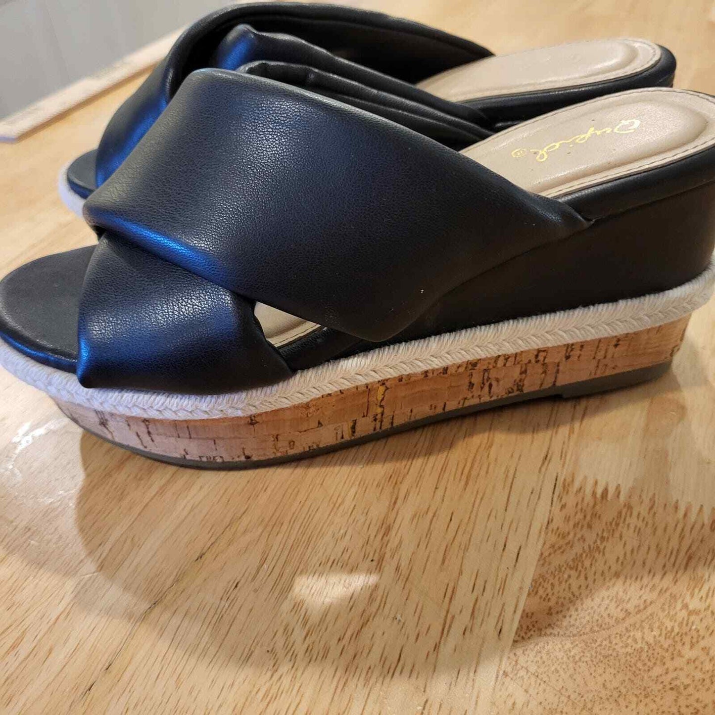 Black Crossover Faux Leather Cork Wedges White Detail 9" Size 6.5
