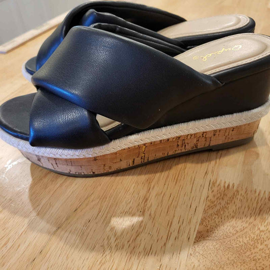 Black Crossover Faux Leather Cork Wedges White Detail 9" Size 6.5