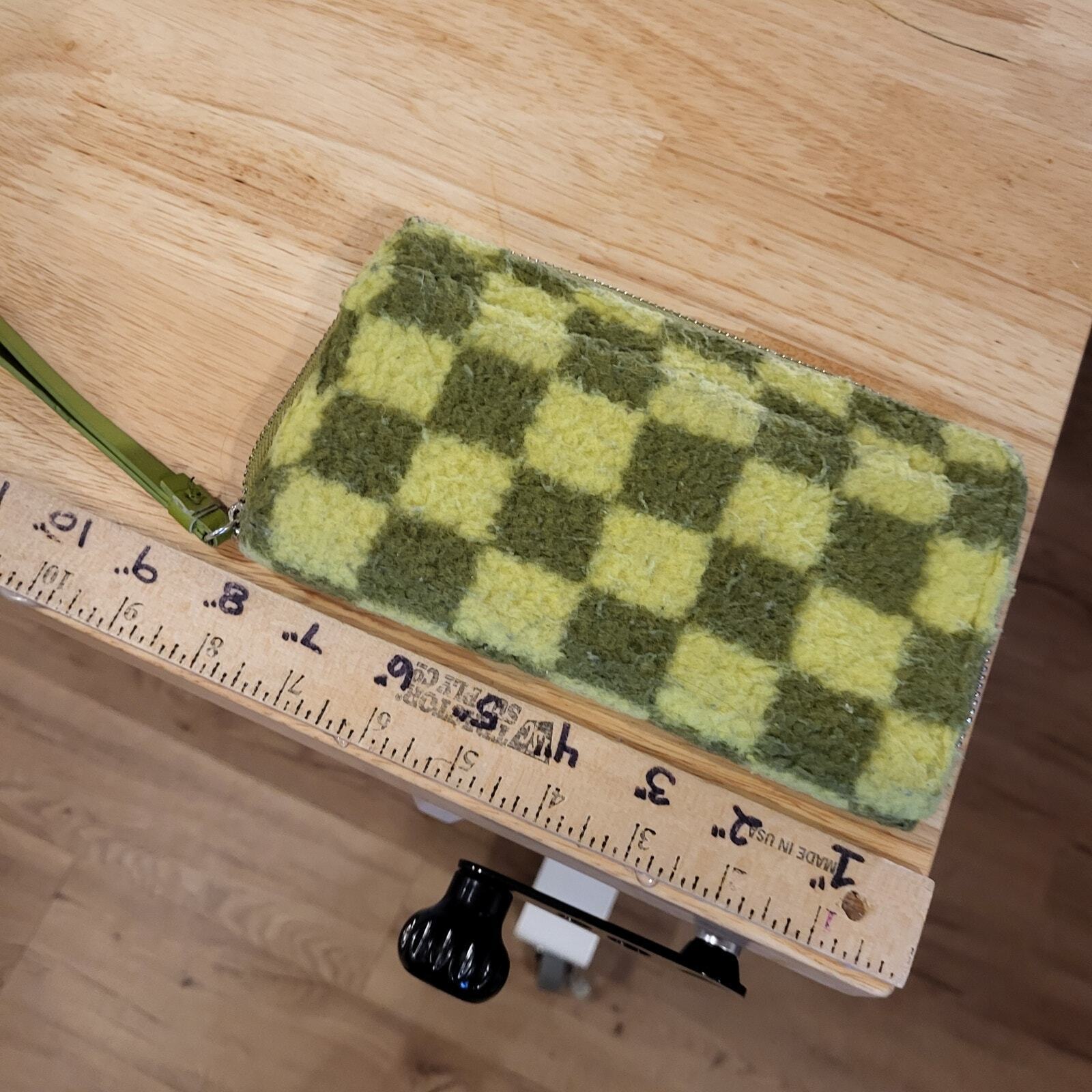 Green Check Faux Fur Wallet Clutch Wrist Strap 8"x4"