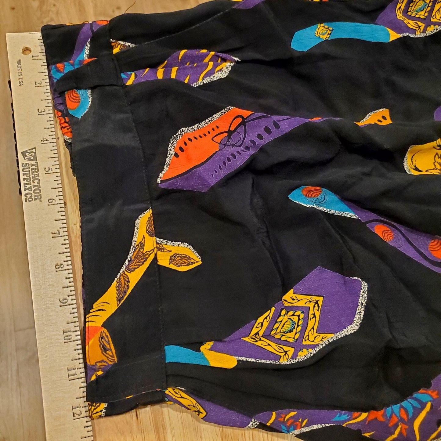 Vintage Mini Skirt Black Tie Print Elastic Zip Waist Pockets Belt Loop 24" Waist