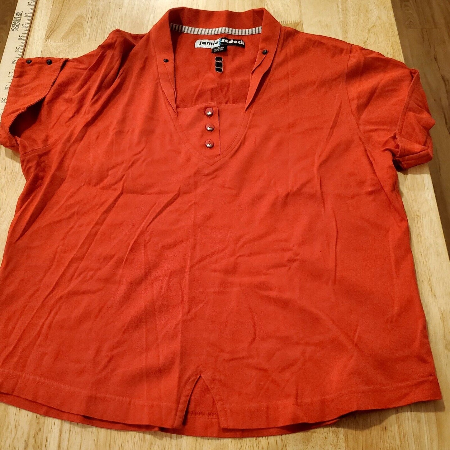 Jamie Sadock Golf Shirt Medium Red Short Sleeve Collar Detail Cuff Embellishment