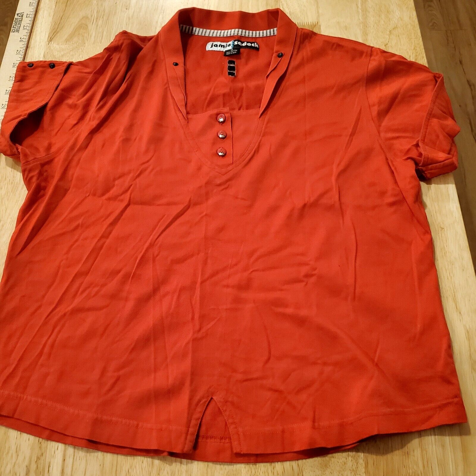 Jamie Sadock Golf Shirt Medium Red Short Sleeve Collar Detail Cuff Embellishment