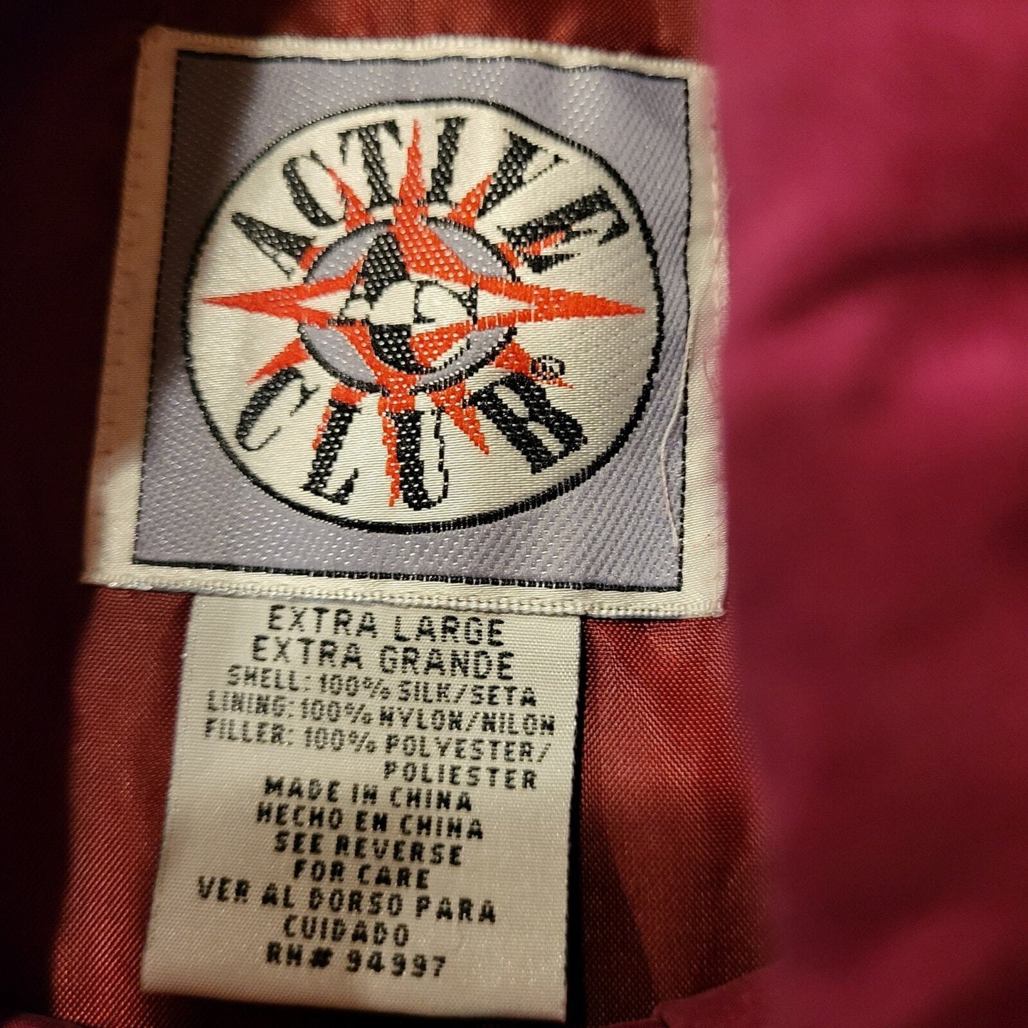 Vintage Active Club 100% Silk Puff Jacket Pink Fuscia Pockets Snap Toggle XL