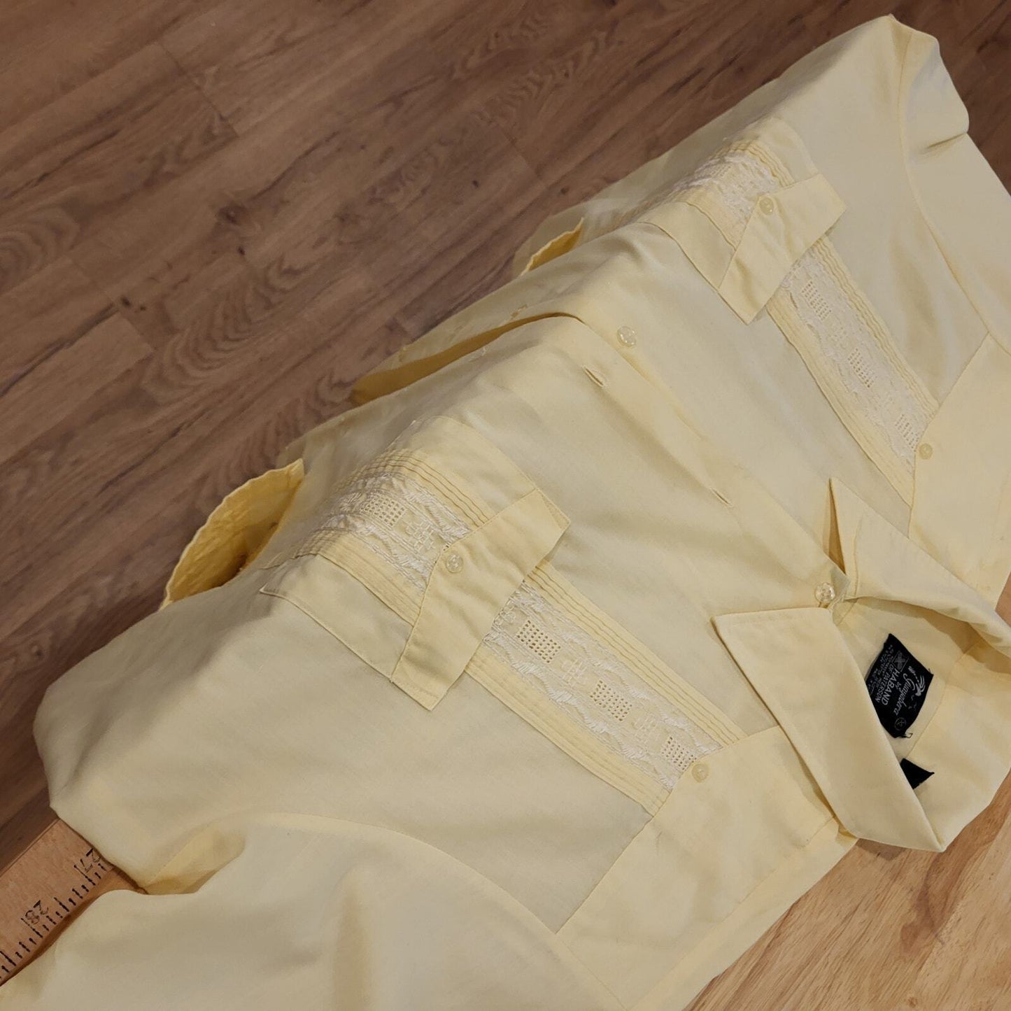 Yellow Guayabera Cuban Cotton Blend Button Down Collared Shirt 27" Pit2pit