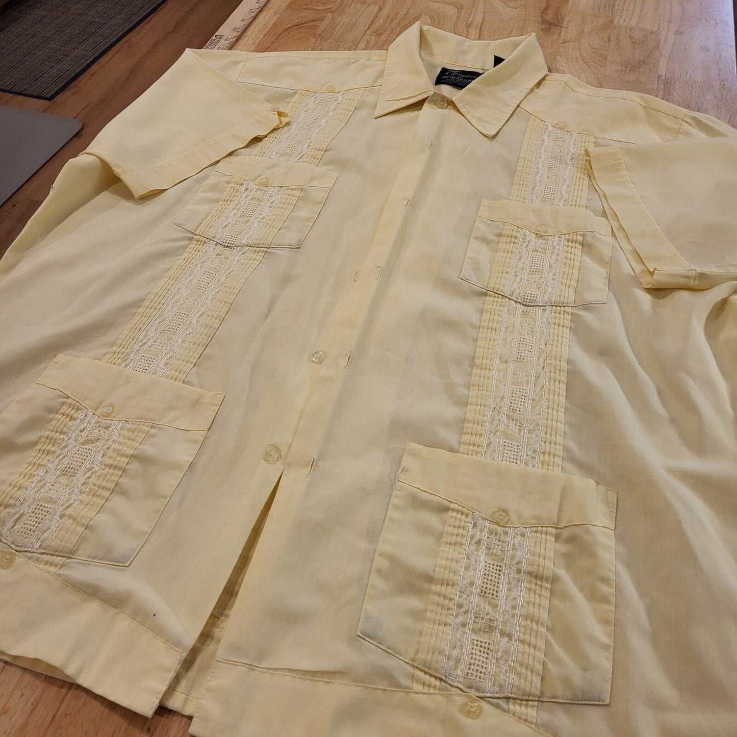 Yellow Guayabera Cuban Cotton Blend Button Down Collared Shirt 27" Pit2pit