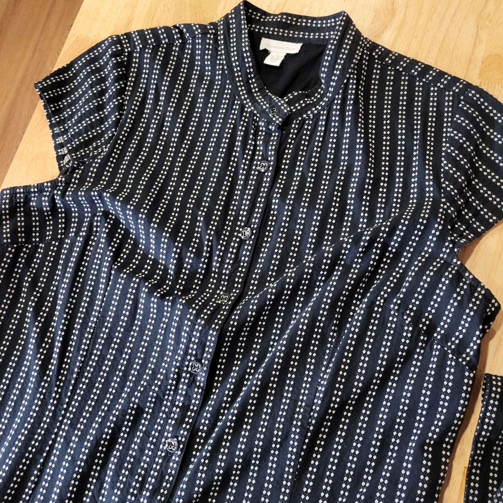 Charter Club Blue Striped Dot Button Shirt Dress Cap Sleeve Mandarin Collar 14