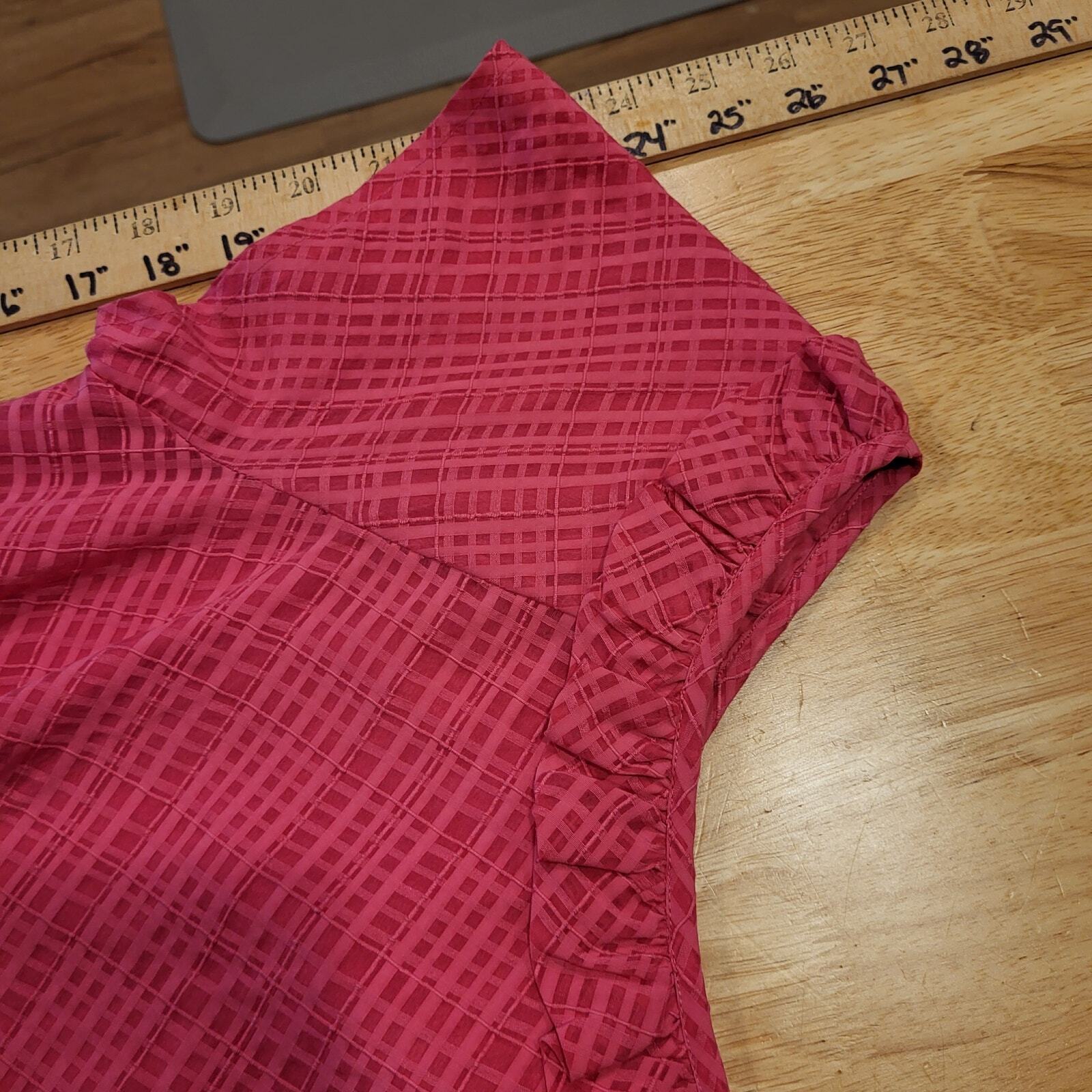 Lilly Pulitzer Pink Plaid Blouse Ruffle Collar Button Back Cap Sleeve 18" P2P
