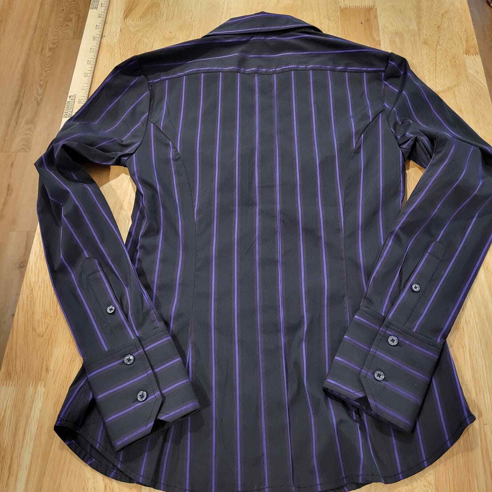 Vintage Y2K Express XS Stretchy Black Purple Stripe Ruffle Collar Top Side Zip