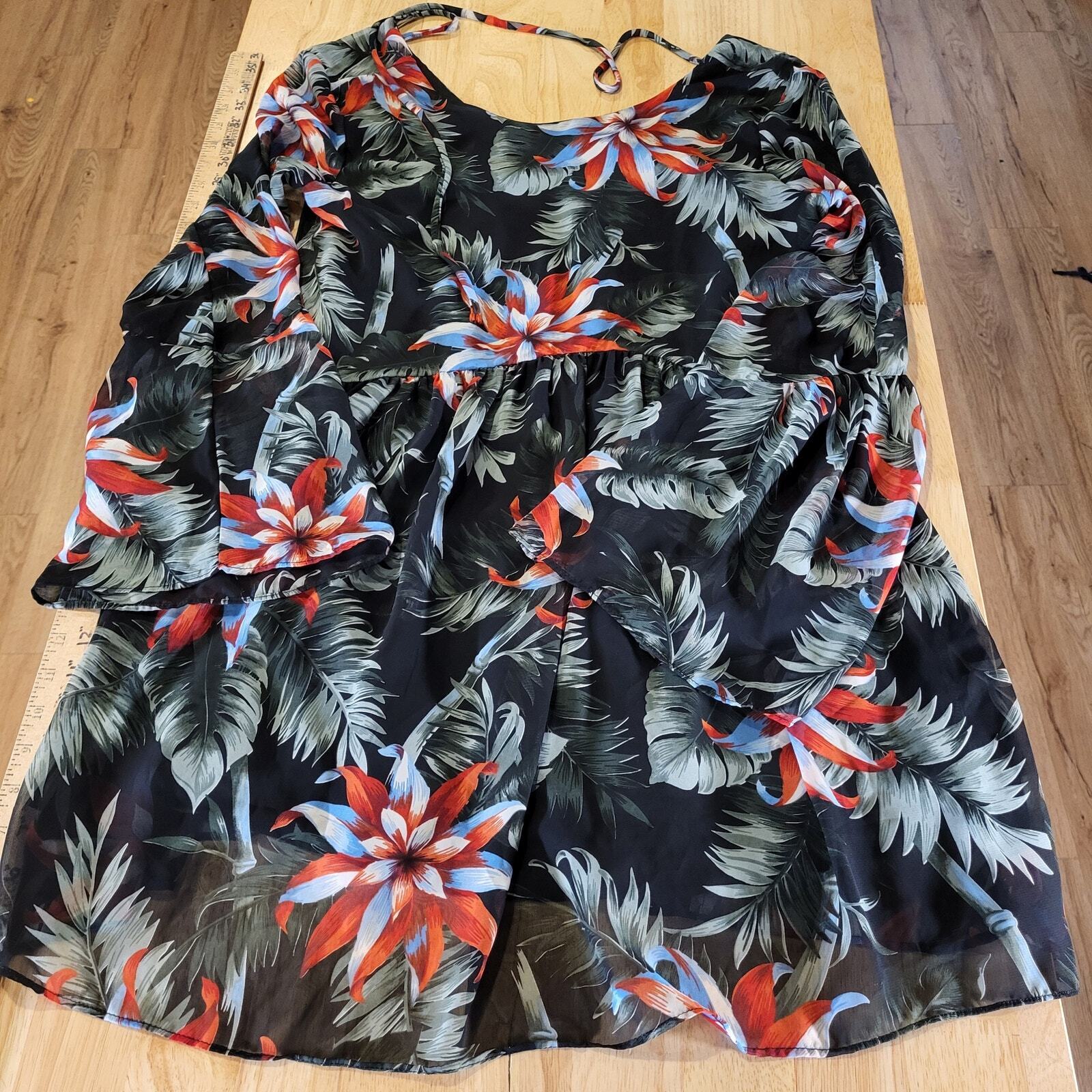 Aura Large Botanical Print Flowy Knee Length Dress Tie Back Empire Lined Sleeve