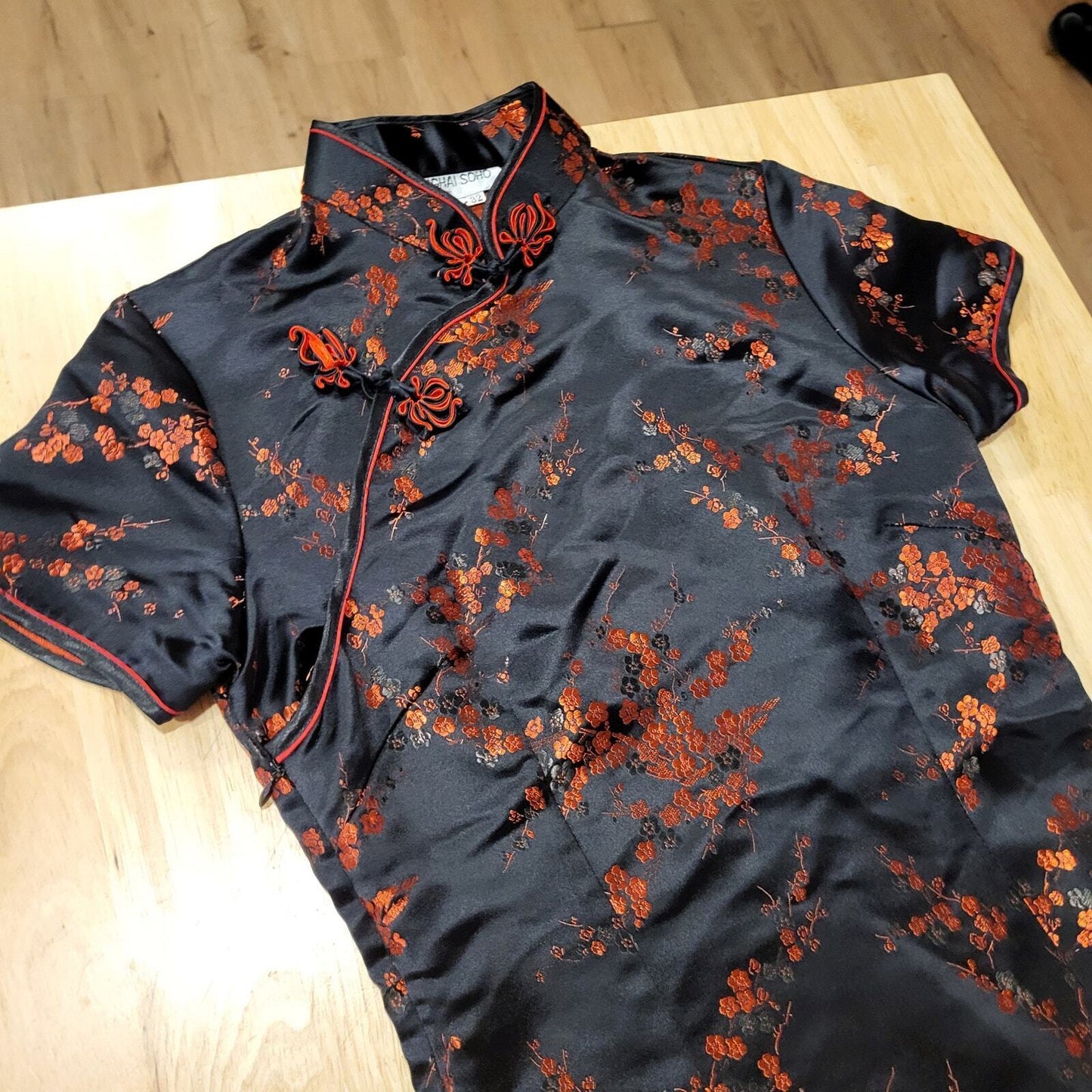 Black & Red Brocade Traditional Chinese Satin Floral Dress Mandarin Collar 15' p