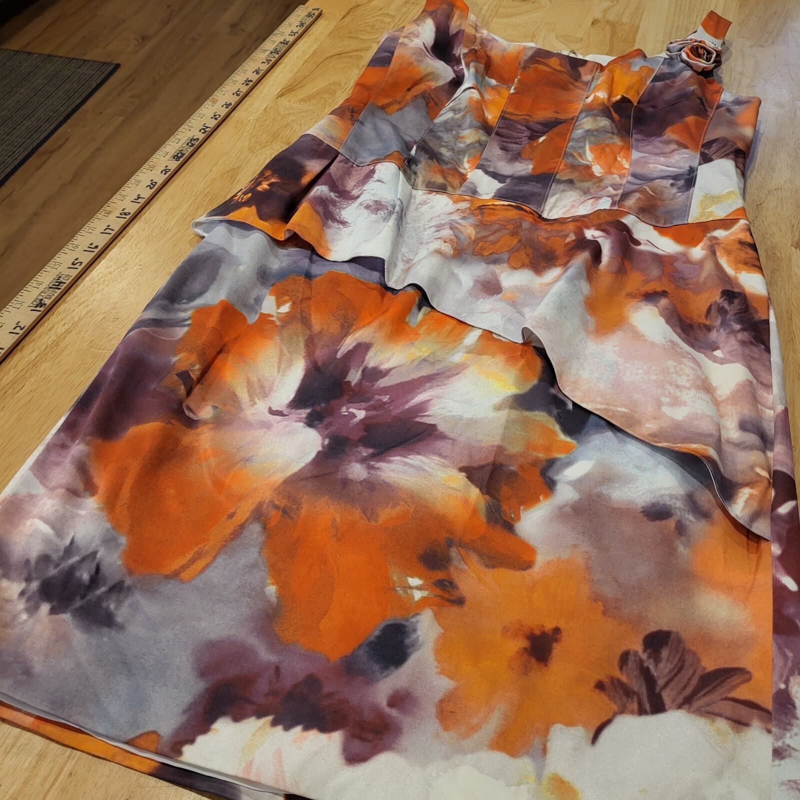 Rickie Freemen For Teri Jon Orange Purple Watercolor Pencil Dress Flounce 10