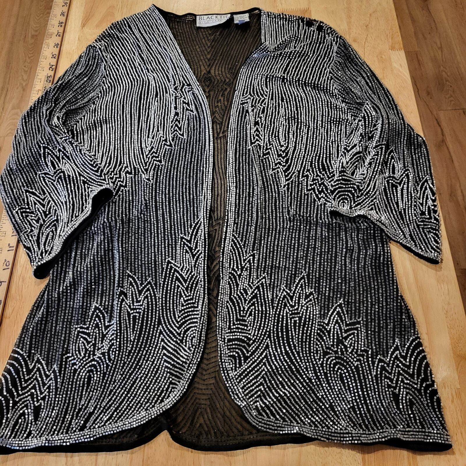 Oleg Cassini Black Tie 100% Silk Black Silver Beaded Chiffon Open Blouse L
