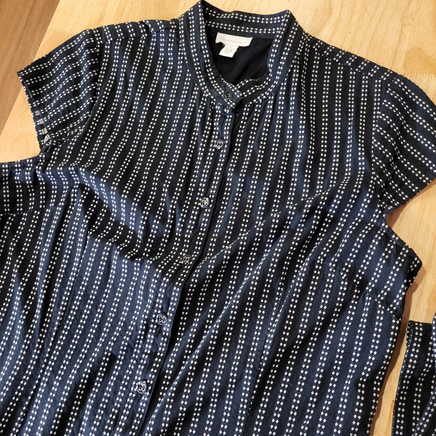 Charter Club Blue Striped Dot Button Shirt Dress Cap Sleeve Mandarin Collar 14