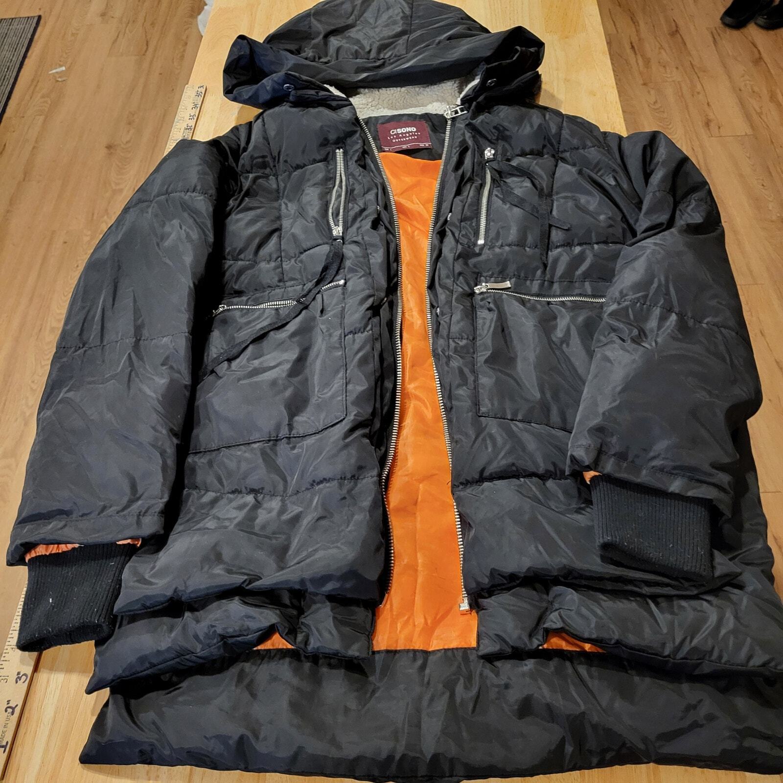 Viral Black Hooded Puffer Coat Orange Lining Silver Zip Pockets Sherling Hood LG