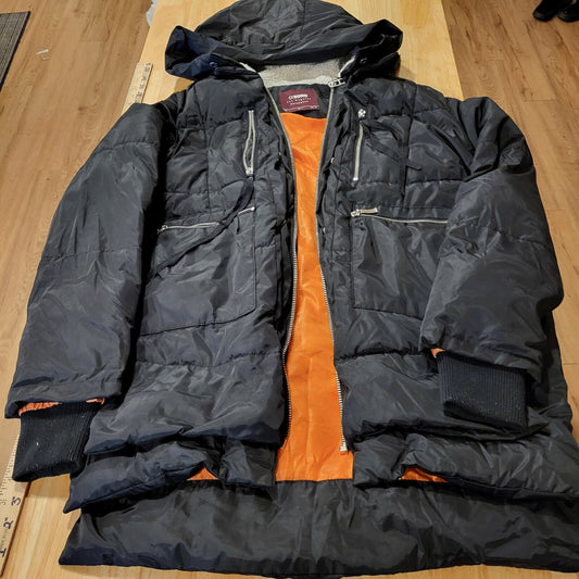 Viral Black Hooded Puffer Coat Orange Lining Silver Zip Pockets Sherling Hood LG