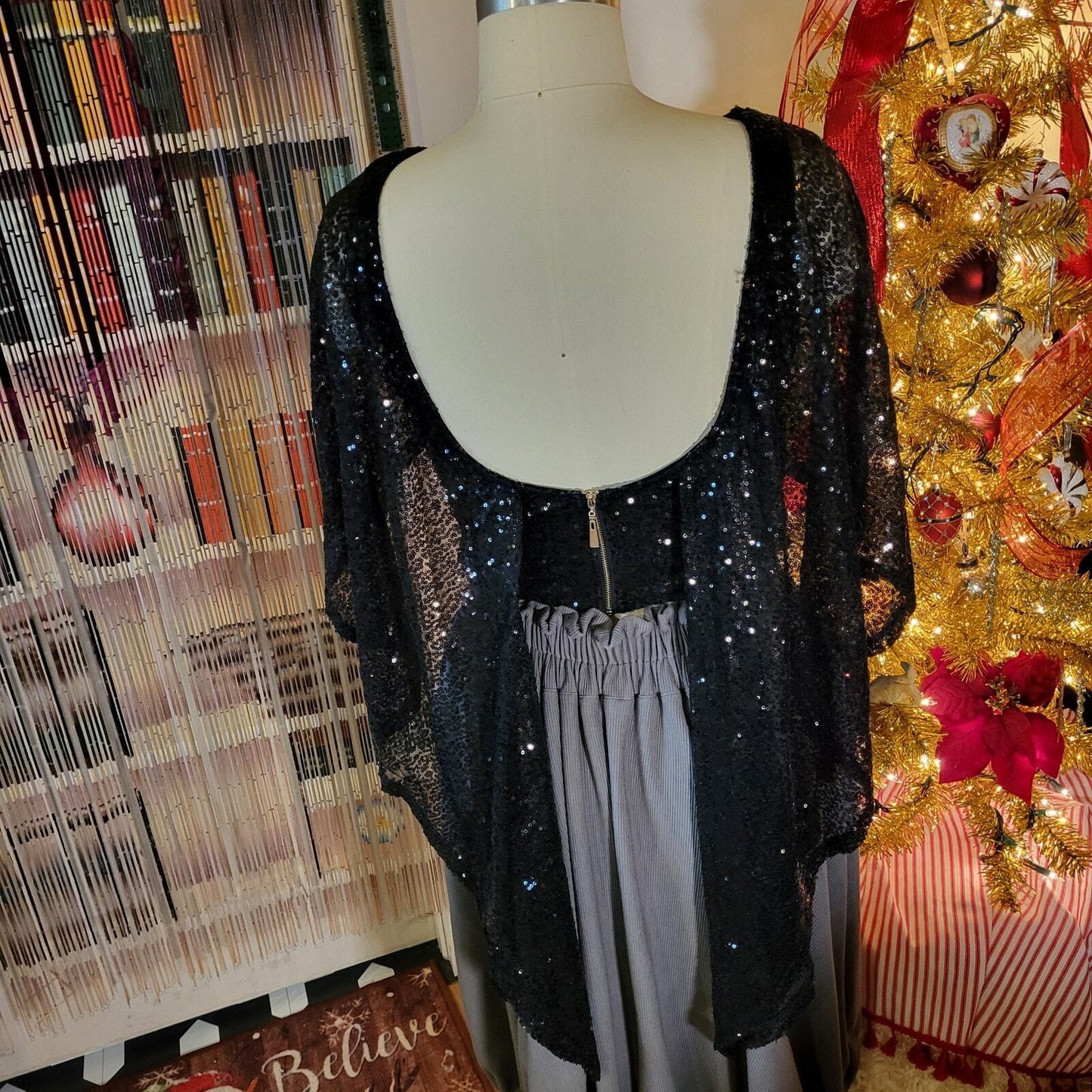 Black Sequin Bat Wing zip Back Blouse Cropped Pretty 