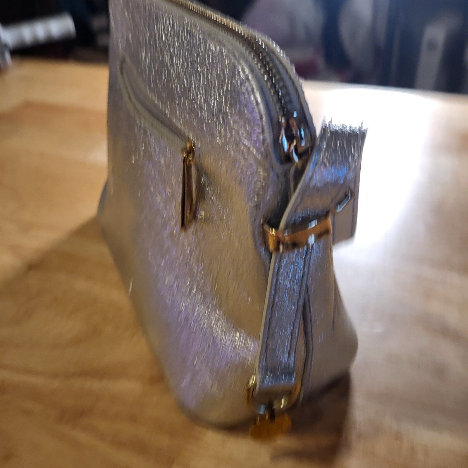 Genuine Leather Silver  Metallic Top Handle Zip Bag  9"x7" Gold Tone Hardware 