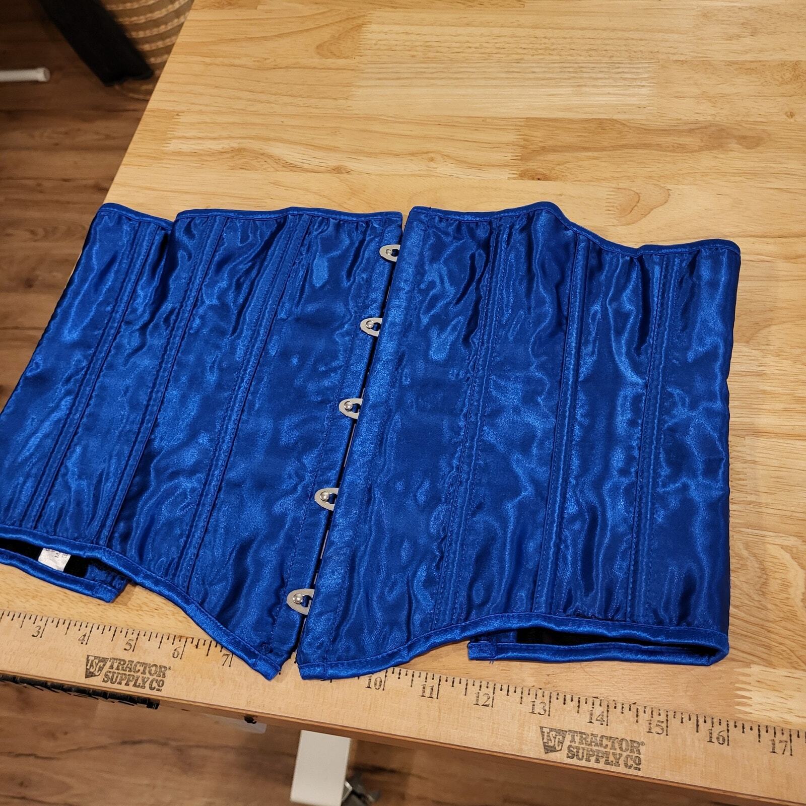 Size Medium Blue Satin Metal Busk Under Bust Corset Measurements in Photos. 