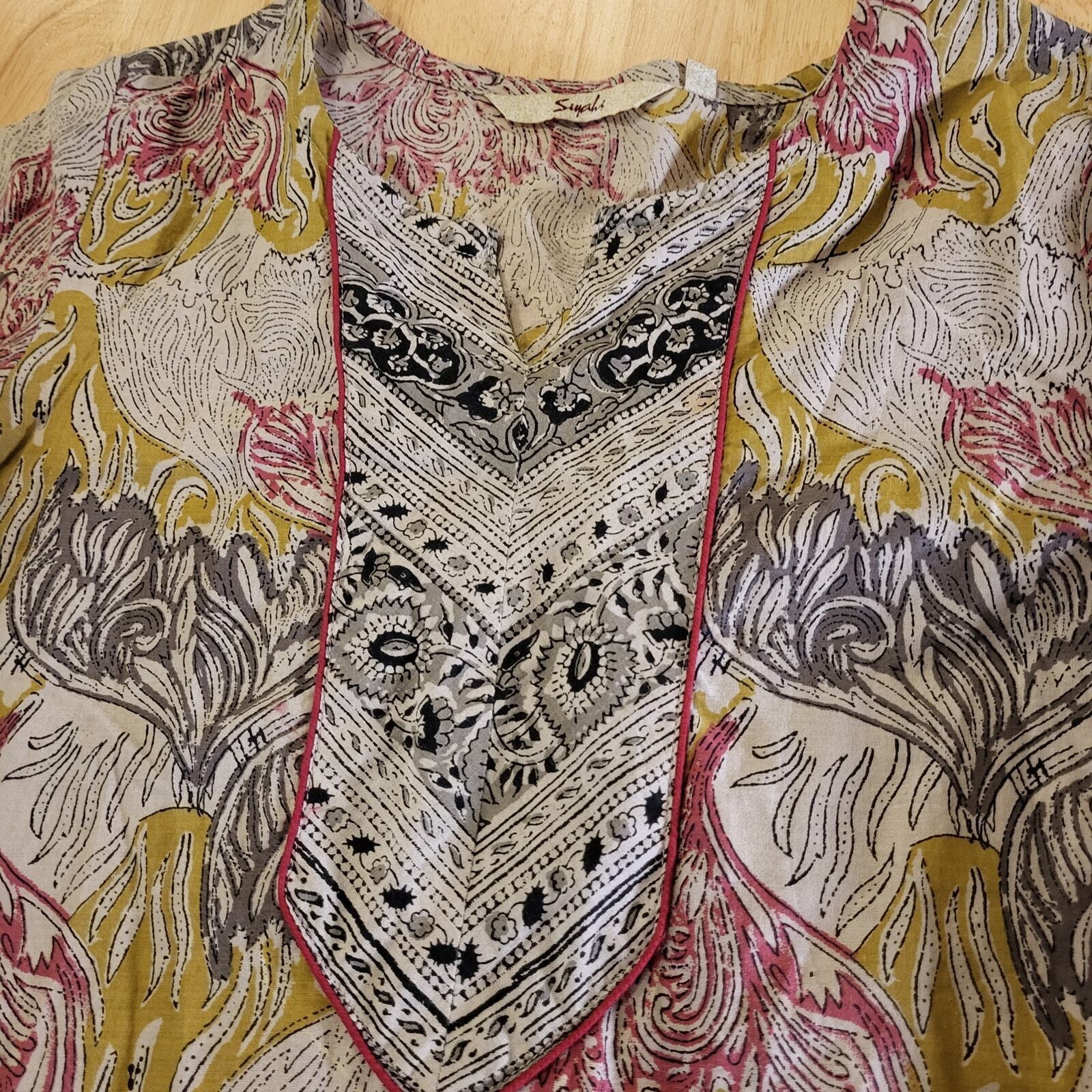 Cotton India Printed Blouse Woven 3/4 Sleeve Small