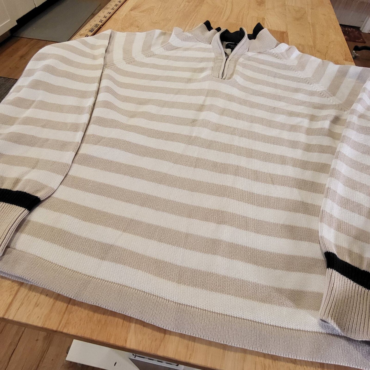 Collectable by Parkhurst Beige White Striped 1/4 Zip Sweater 100% Cotton Large