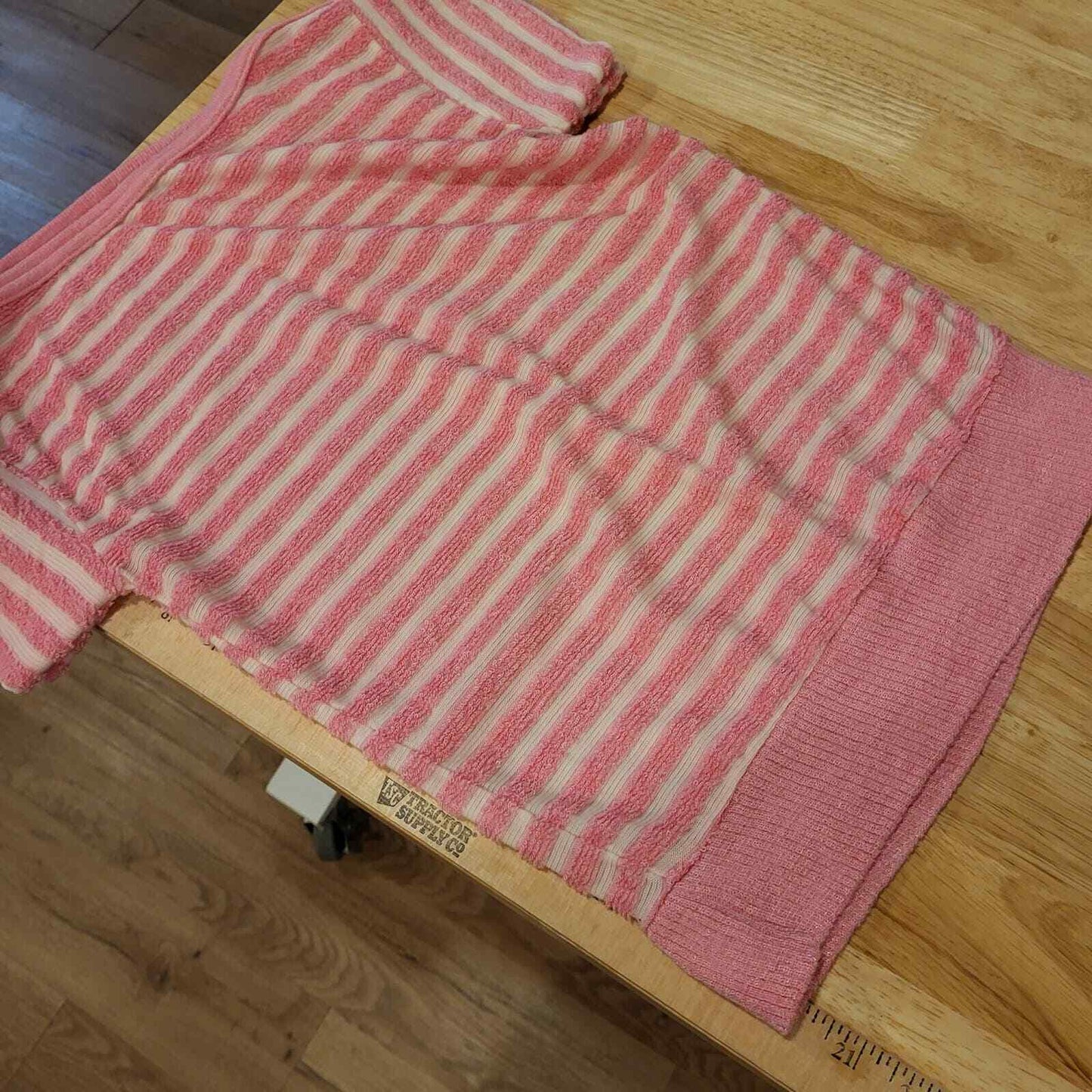 Vintage Pink Striped Terry Cloth Top Cap Sleeve Elastic Waist 15" Pit 2 Pit