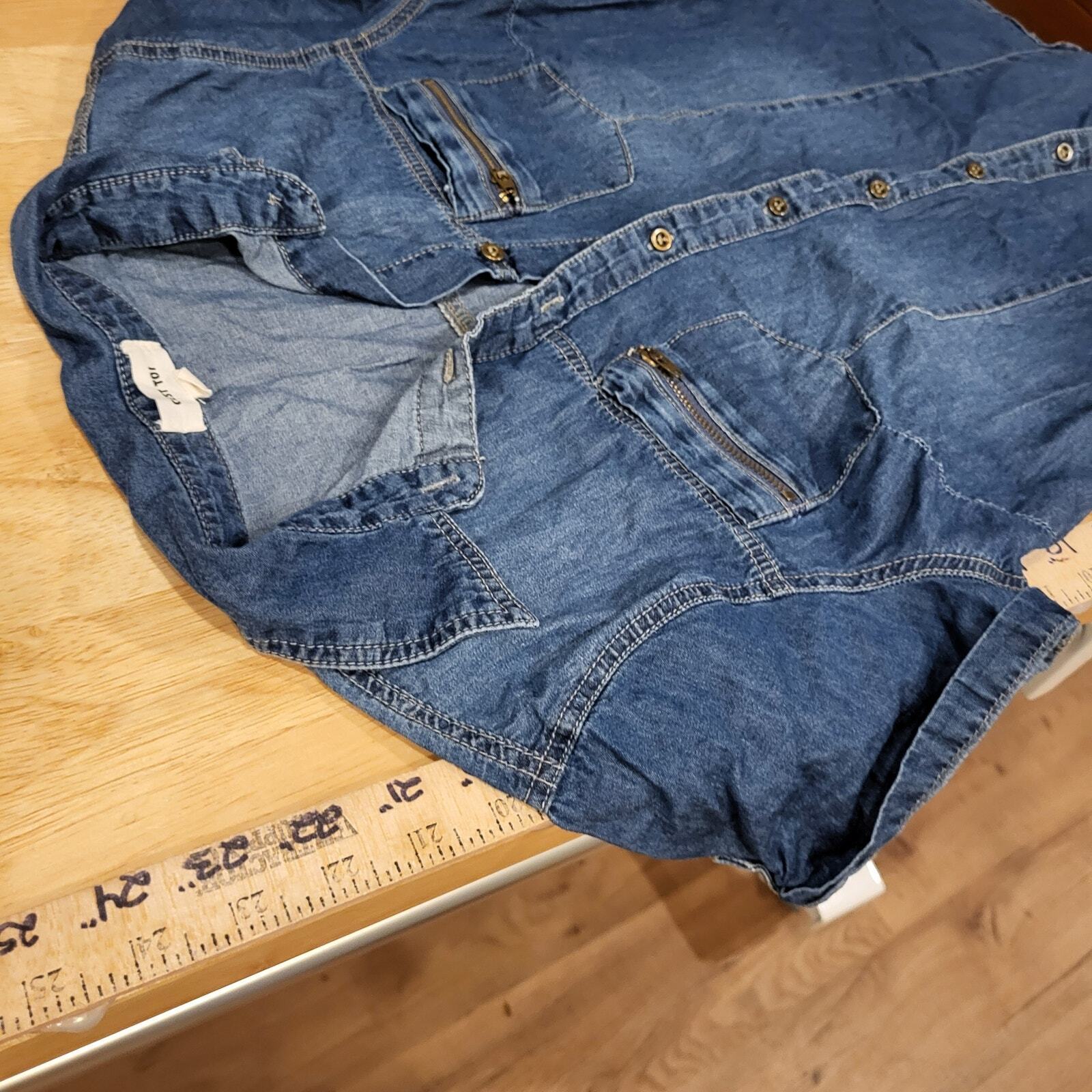 y2k Denim Cest Toi Denim Button Front Cap Sleeve Collared Top Zip Pocket