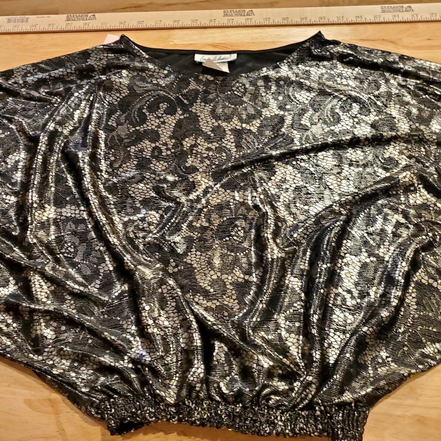 Vintage Silver Metallic Elastic Gather Waist Lace Print Ballon Sleeve Blouse Med