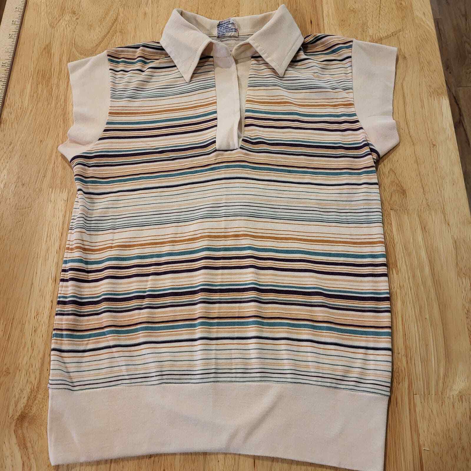 Vintage Pastel & Neutral Striped Collared Cap Sleeve Knit Top Button 