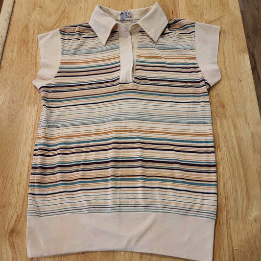 Vintage Pastel & Neutral Striped Collared Cap Sleeve Knit Top Button 