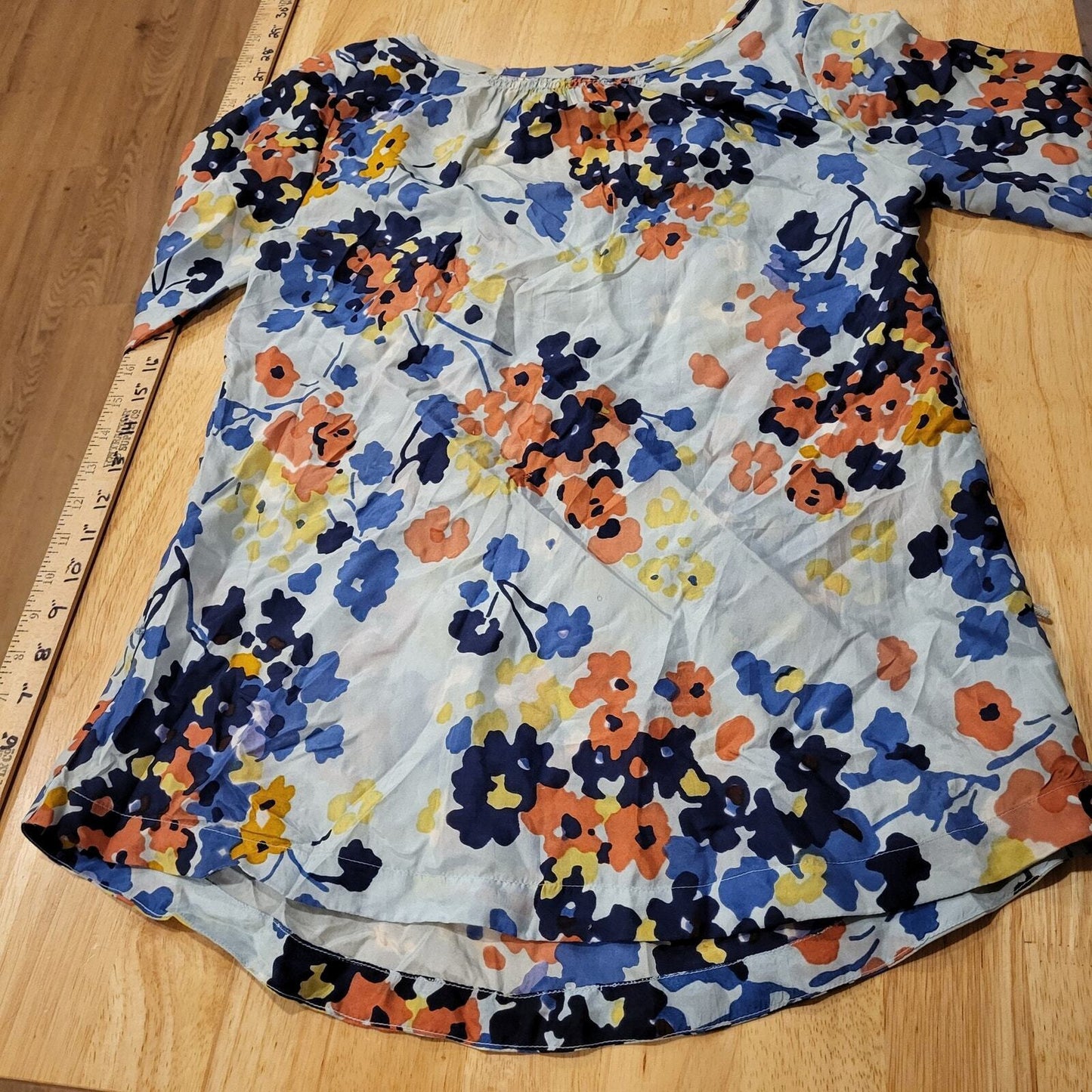 Lucky Brand 100% Silk XS Blue Floral Long Sleeve Boat Neck Blouse 