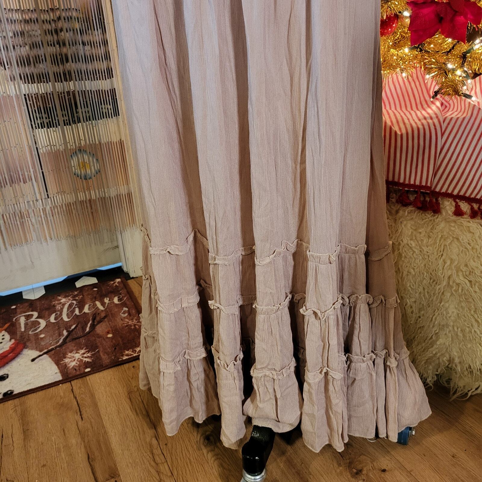 R. Vivimos Prairie Elastic Open Back Beige Maxi Dress Small 4/6 Adjustable Waist