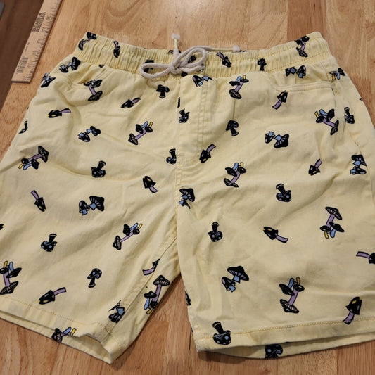 Yellow Cotton Mushroom Shorts 30" Elastic Waist Pockets Drawstring 16" Length