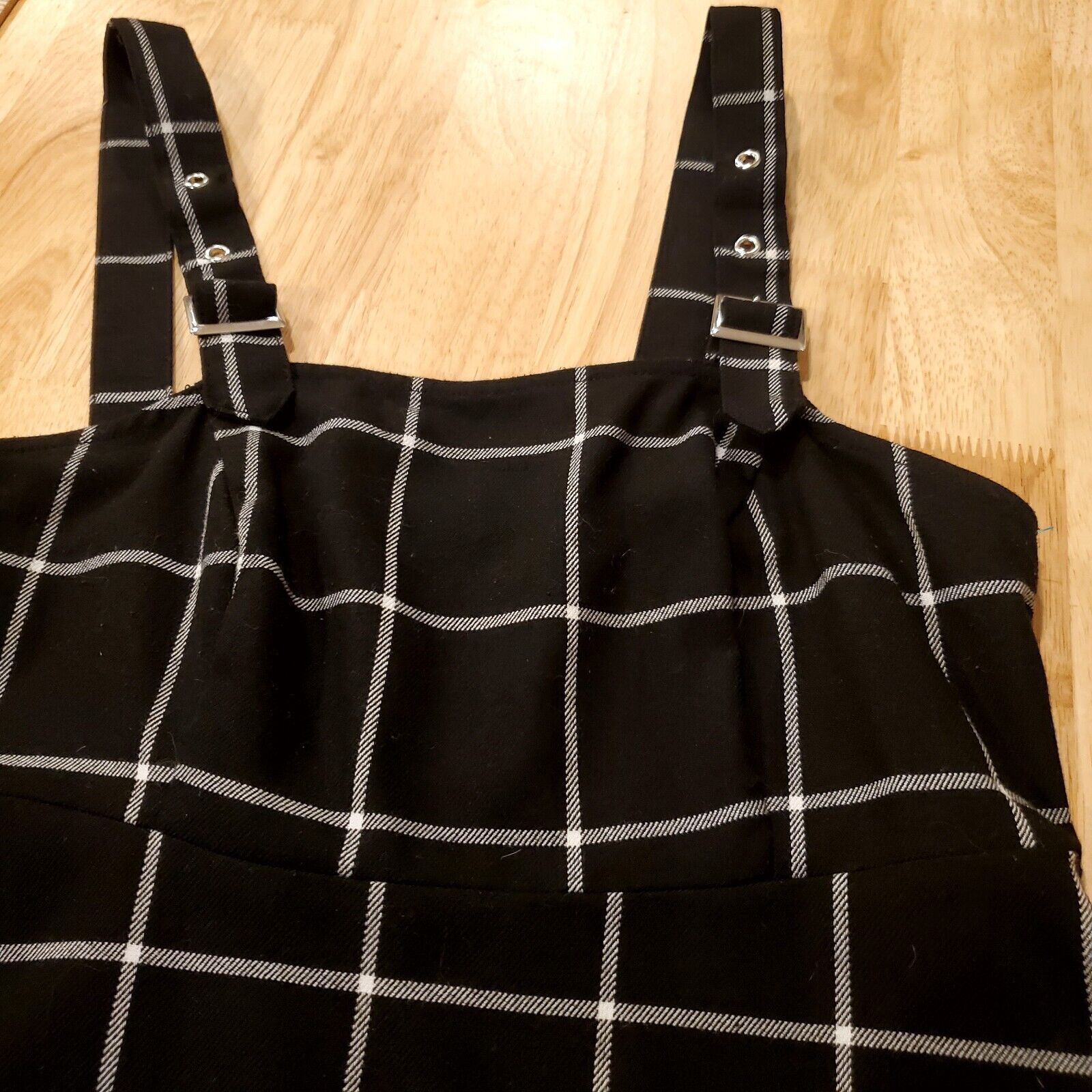 Hot Topic Black Pinafore With White Check Silver Hardware Shirred Back Sm